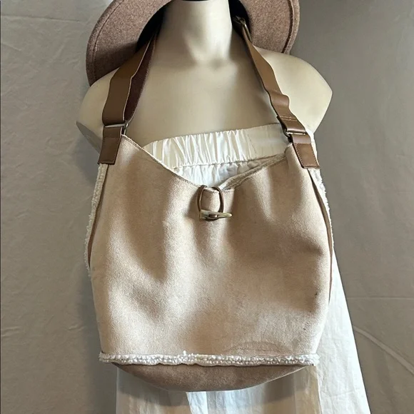 GAP VINTAGE SEUDE LEATHER FLEESE with MATCHING COIN PURSE  BEIGE  PURSE BAG TOTE - Picture 2 of 16